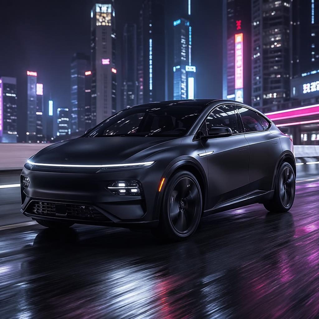 SUV électrique futuriste noir mat type coupé, vue trois quarts avant, sur autoroute de mégapole néon, rendu photoréaliste