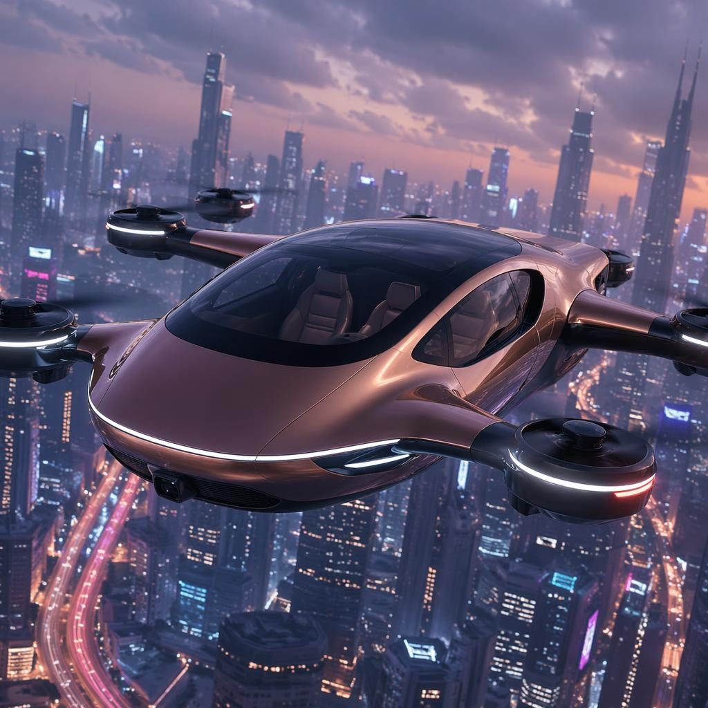 Copper pearl 2050 electric flying off-roader concept above a neon megacity highway, seen from a low front angle.
