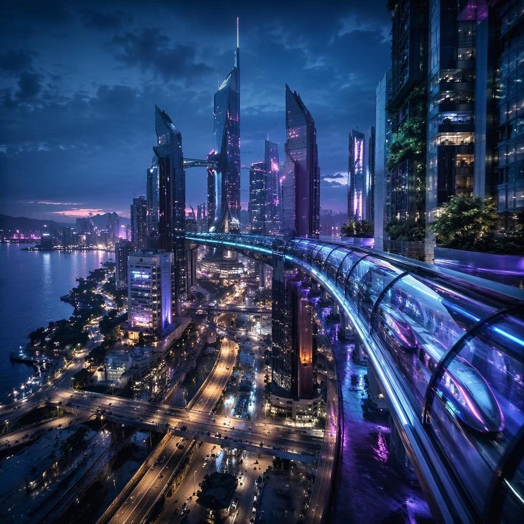 Transparent maglev crossing a neon coastal future city at blue hour, viewed from a sky bridge with detailed towers.