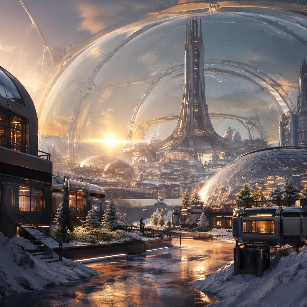 Arktische Zukunftsstadt auf Marsboden mit großen Glasdomes, Straßenebene, goldenes Licht und detailreicher Architektur