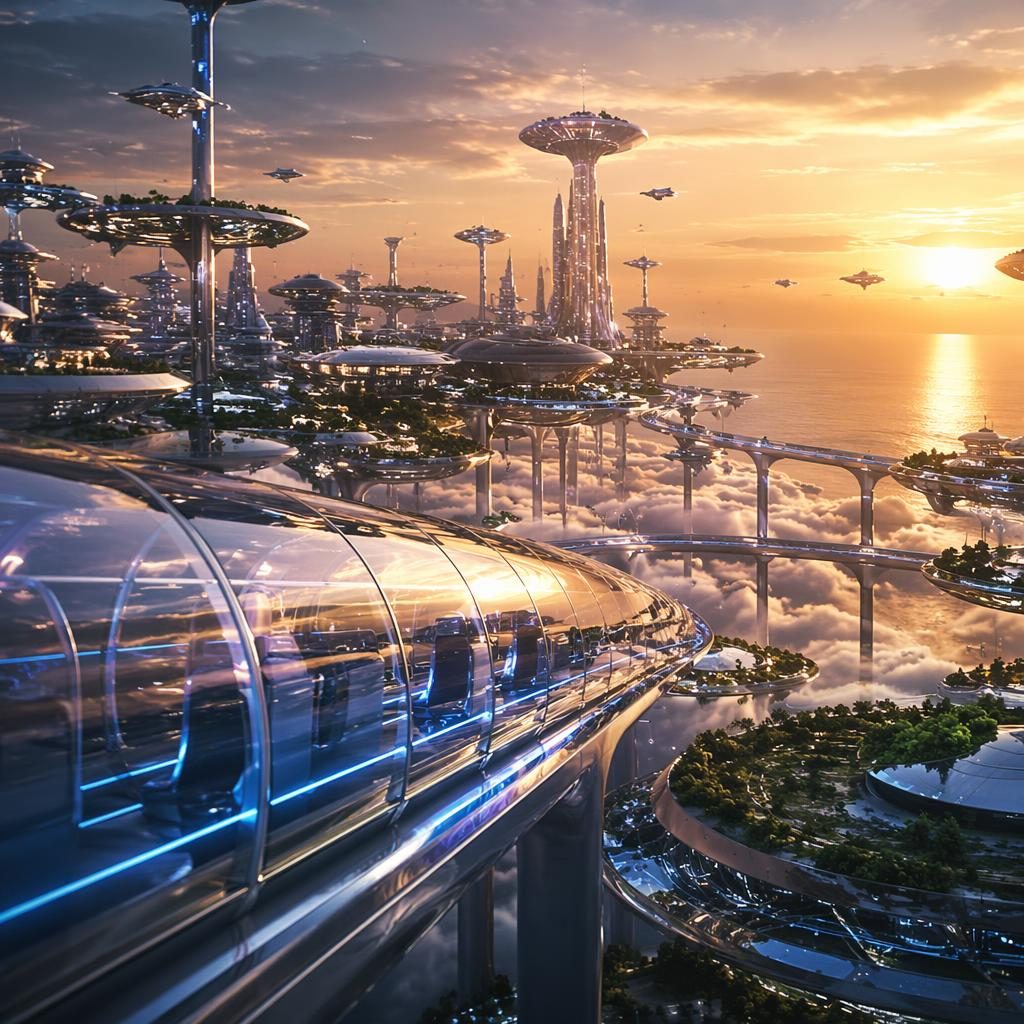 Transparente Maglev-Bahn in einer futuristischen Wolkenstadt an der Küste bei Sonnenuntergang, gesehen aus einem fahrenden Fahrzeug.