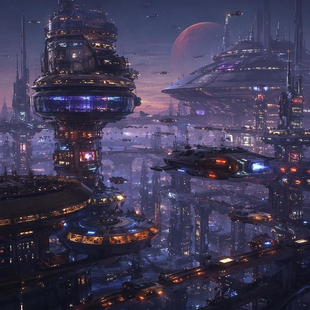 Vista aérea amplia de una ciudad cyberpunk en Marte, sobre un océano flotante, con tránsito volador al atardecer azul