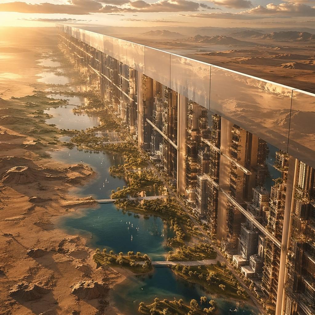 Letecký pohled na The Line City v roce 2100, dlouhé zrcadlové megaměsto v poušti při zlaté hodině.