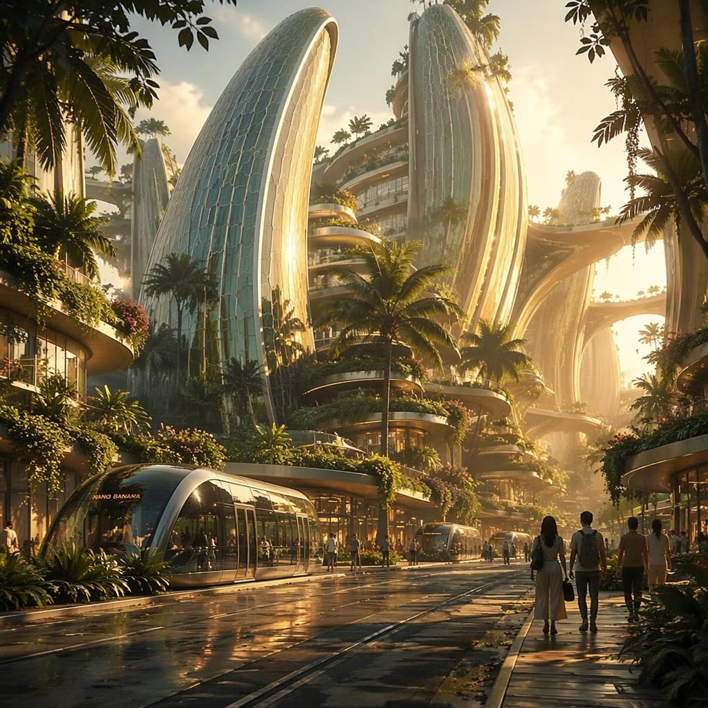 Scène de rue futuriste nano banana, architecture bioluminescente aux courbes de banane, jungle verticale et passants