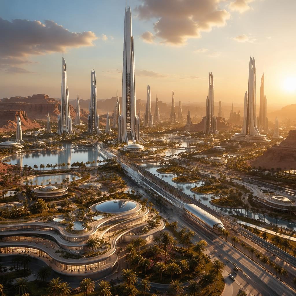 Wide aerial view of Saudi Land in 2100 with arcology towers, canals, palm plazas, and autonomous transit.