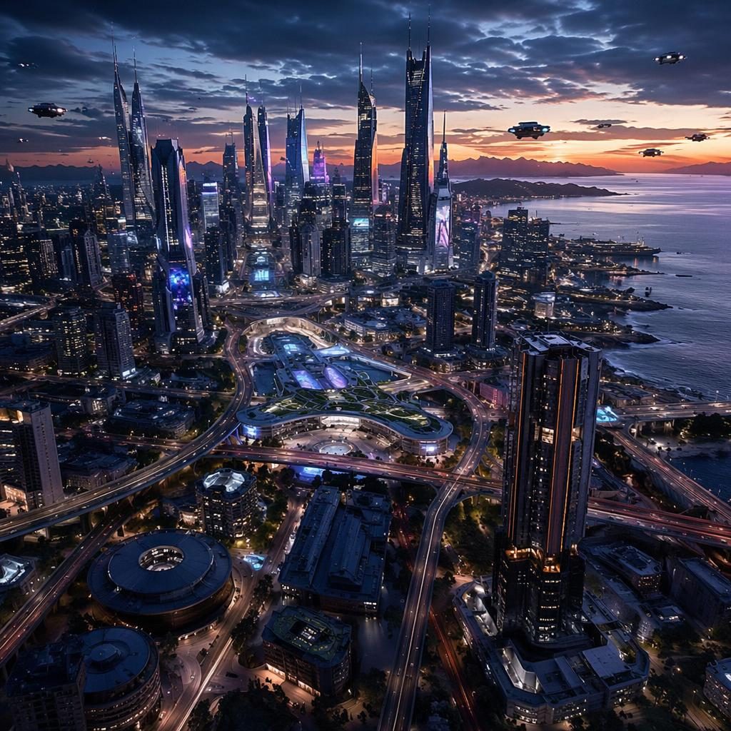 Vista aérea ampla de cidade futurista costeira em 2100, com torres superaltas, vias em camadas e transporte voador.