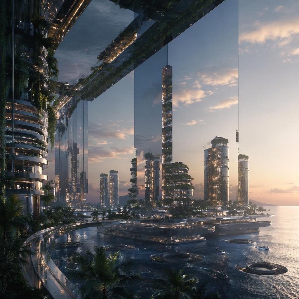 Vue de rue d’une ville océanique flottante à l’aube, néons dystopiques, fermes verticales et jungle intégrée.