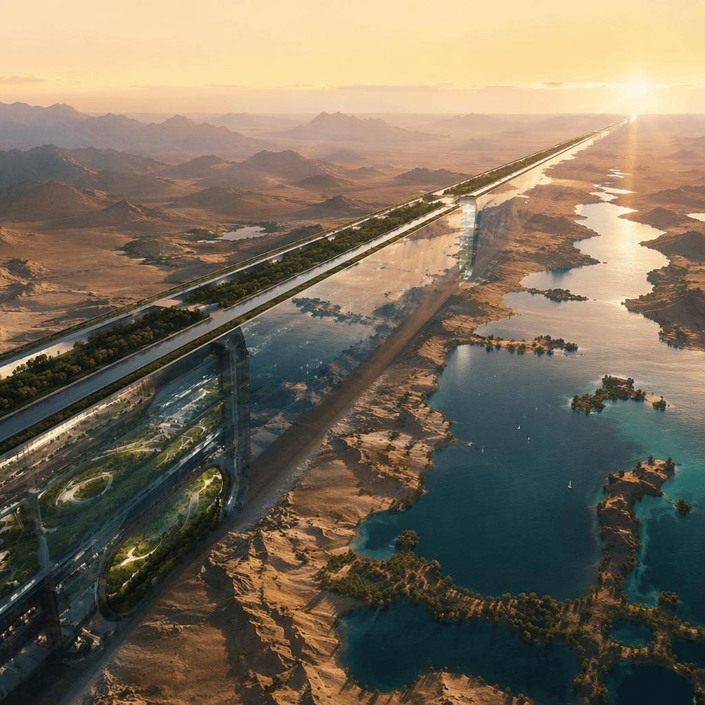 Wide aerial view of The Line Saudi Arabia as a mirrored 2100 arcology across a desert oasis at golden hour