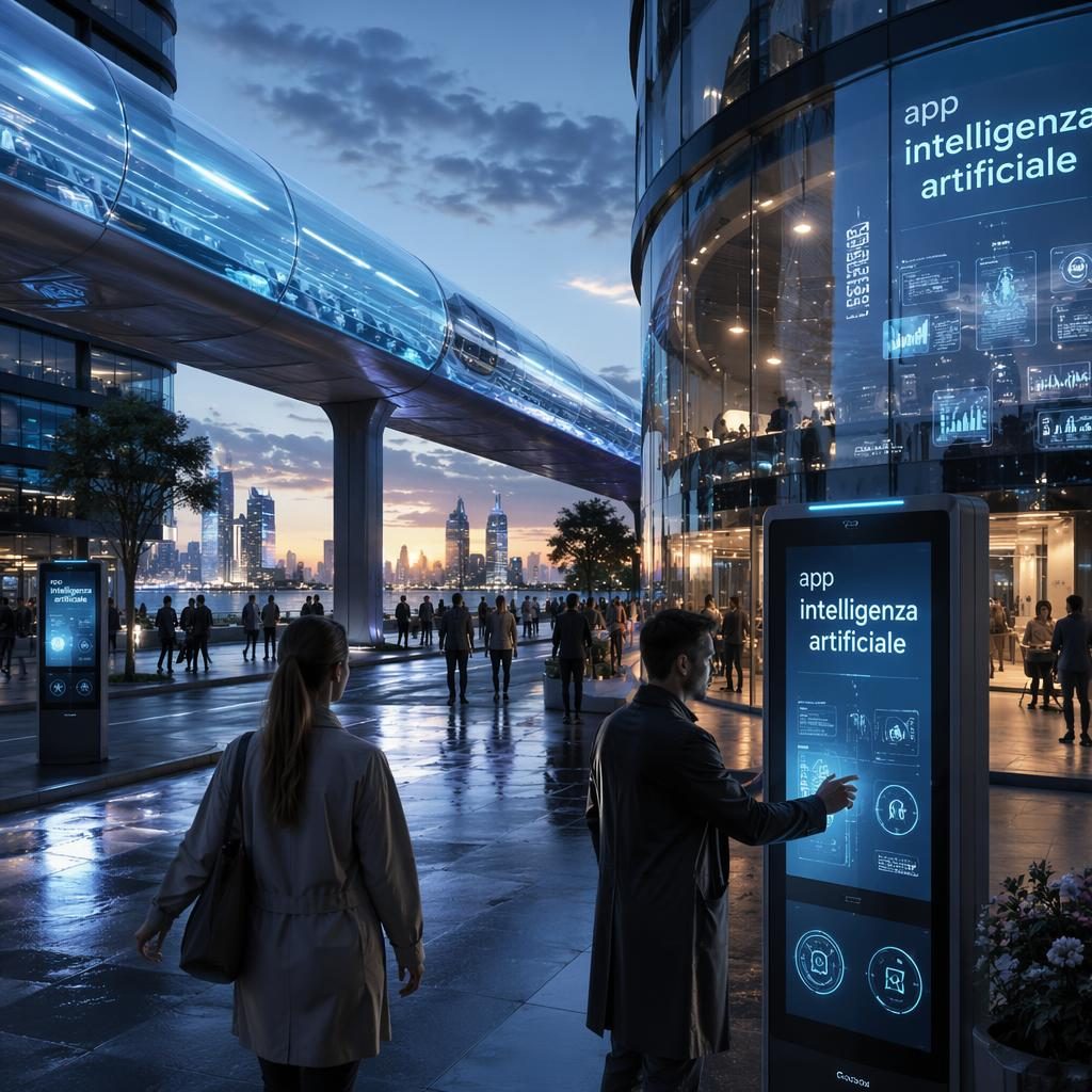Strada di una città costiera del 2080 al crepuscolo con maglev trasparente, chioschi smart e interfacce olografiche
