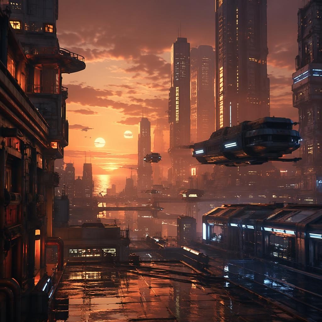 Vista a nivel de calle de una ciudad cyberpunk en Marte, sobre el océano, con transporte volador al atardecer