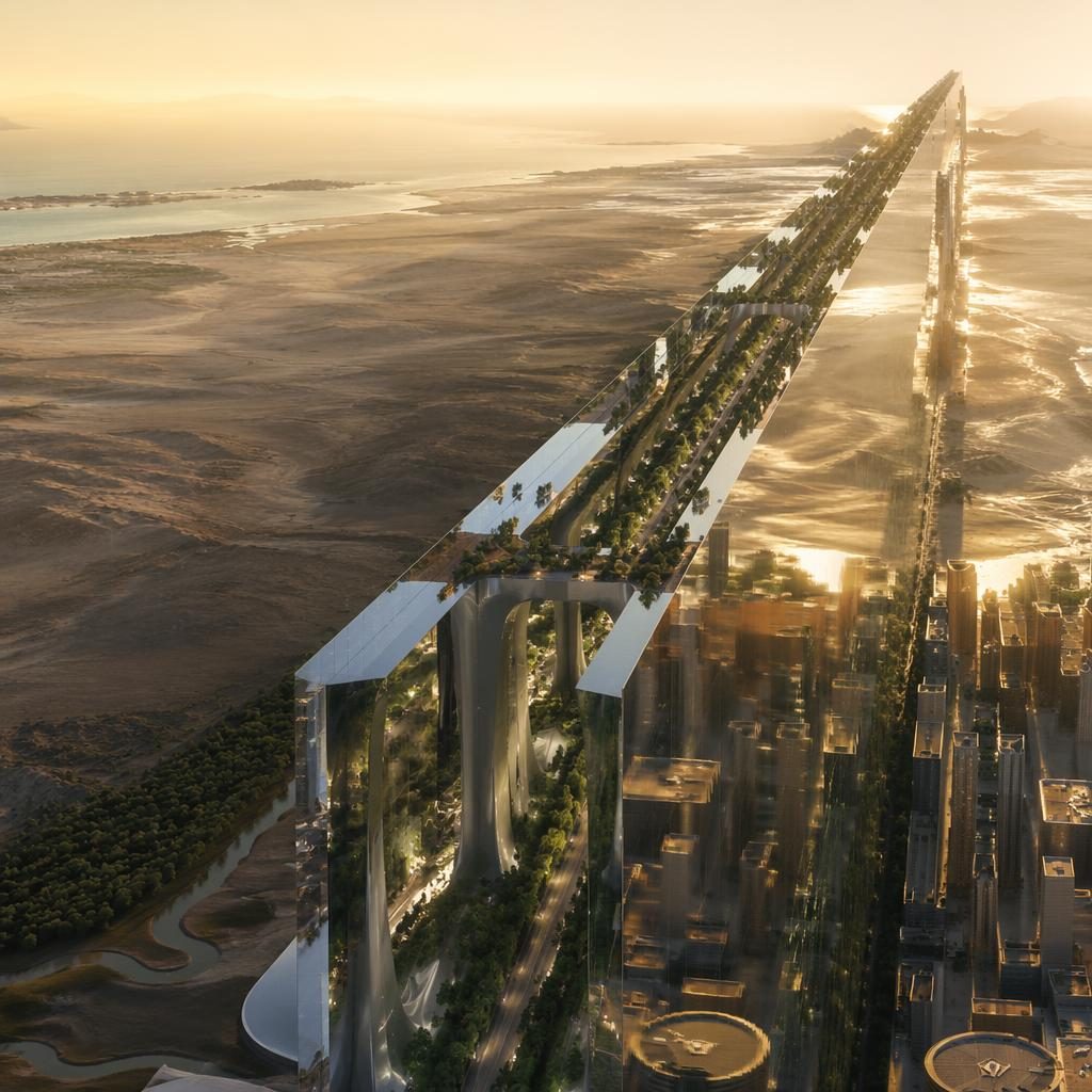 Breite Luftaufnahme einer futuristischen linearen Megastadt in der Wüste mit verspiegelten Arcology-Türmen