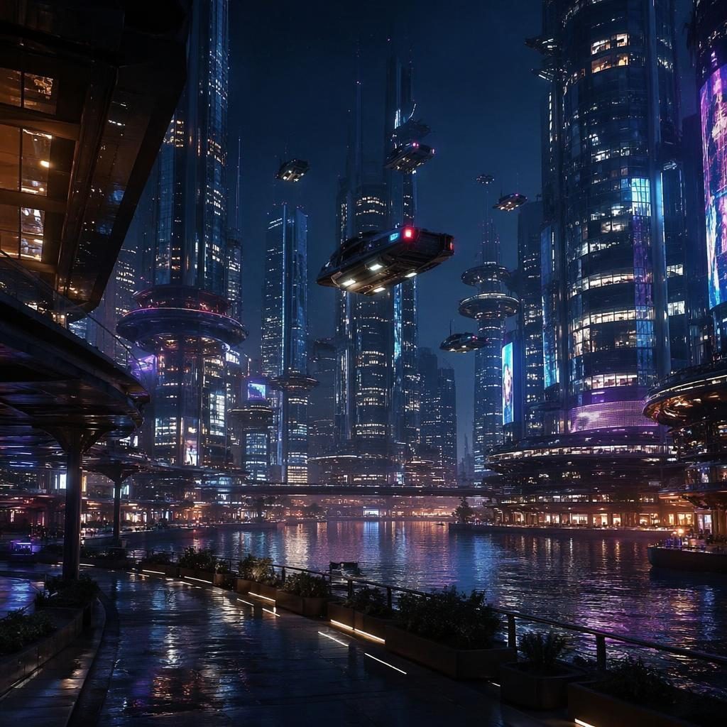 Ground-level view of a futuristic night city over the ocean with flying transit, sunset glow, and detailed neo Tokyo architecture.