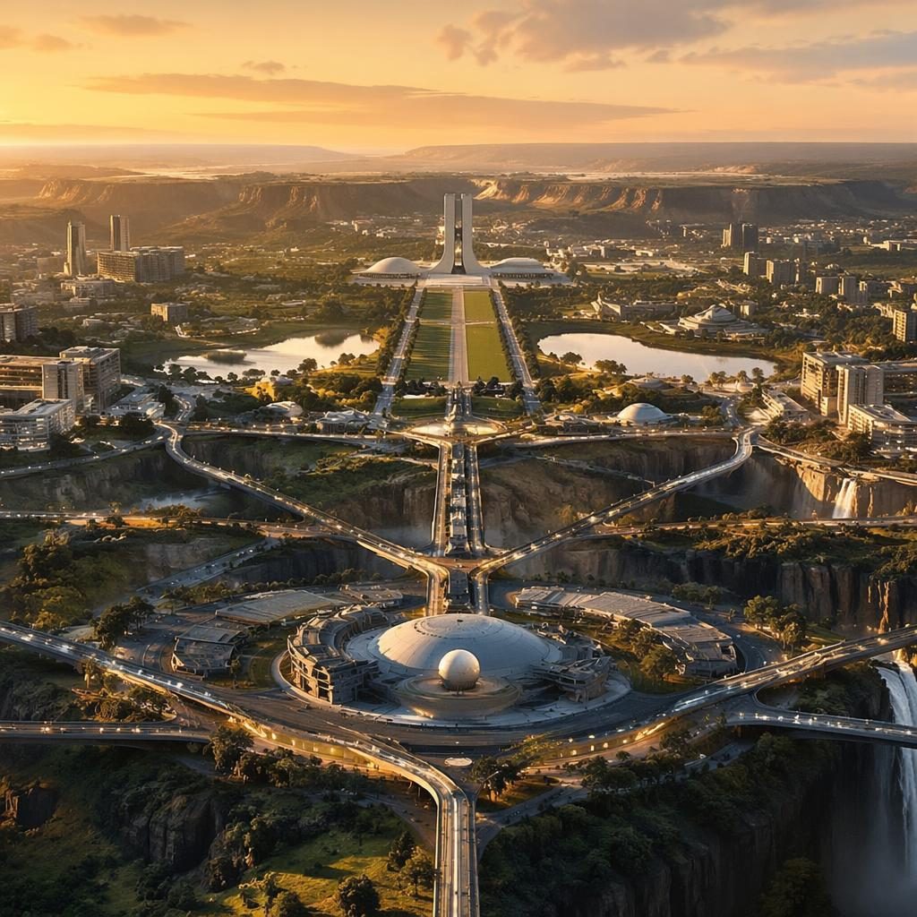 Aerial golden hour view of Brasília in 2100 with magnetic skybridges, Monumental Axis, lush landscaping, and futuristic civic districts.