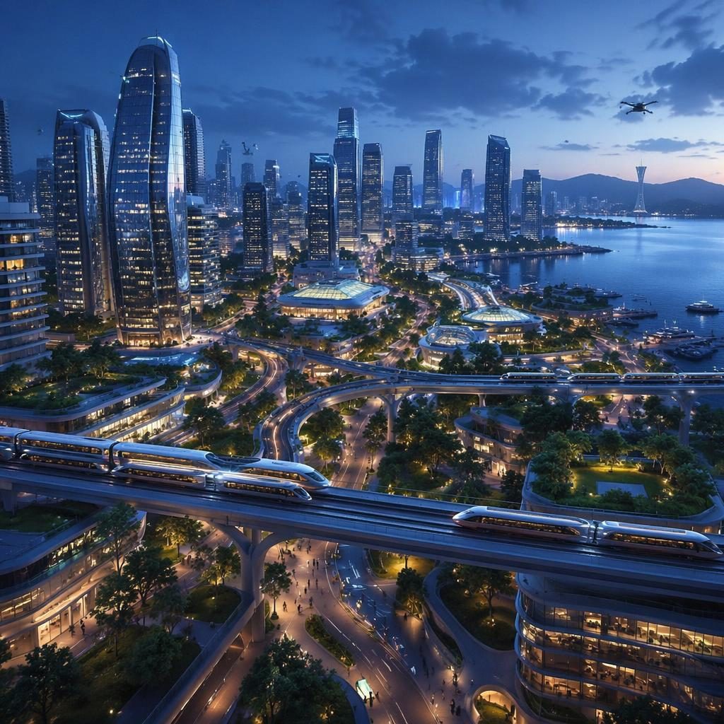 Szeroki widok z lotu ptaka na smart city 2100 nad wybrzeżem, z maglevem, zielonymi dachami i wieżowcami.