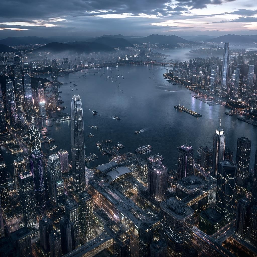 Vista aérea al anochecer de Hong Kong y Kowloon en 2080, con rascacielos futuristas, puerto con niebla y skybridges.