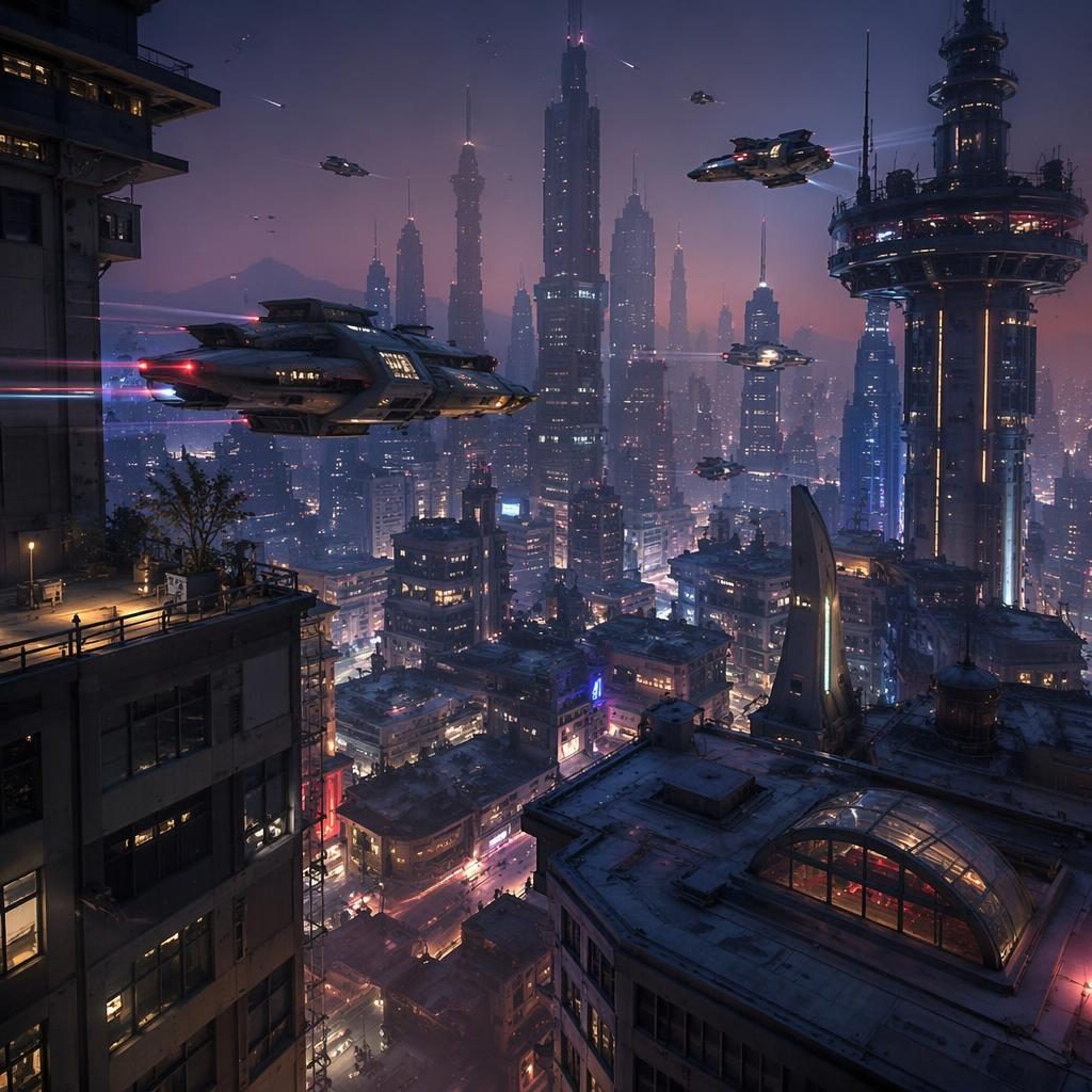 Retro-futuristische Marsstadt über dem Ozean mit fliegendem Transit, Dach-Skyline und blauer Abenddämmerung