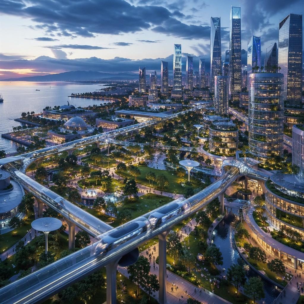 Vue aérienne d’une ville côtière de 2100 avec tours lumineuses, lignes maglev transparentes et terrasses vertes