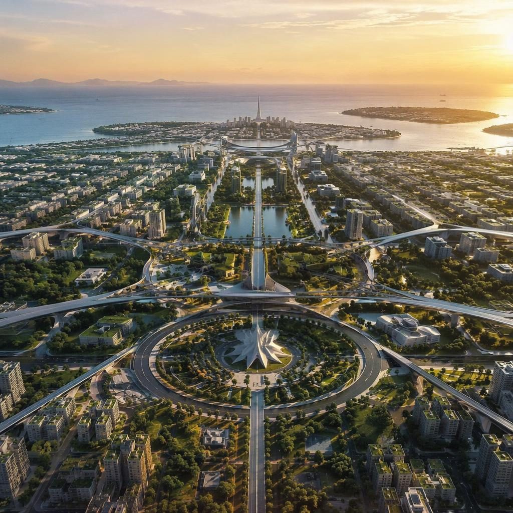 Wide aerial view of futuristic Brasilia at golden hour with magnetic skybridges, civic axes, lush parks, and coastal skyline.