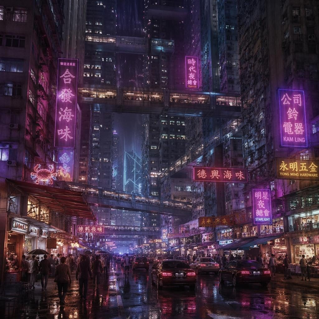 Vista a nivel de calle de Hong Kong 2100 con puentes magnéticos, torres densas, neón, mercados en capas y pavimento mojado.