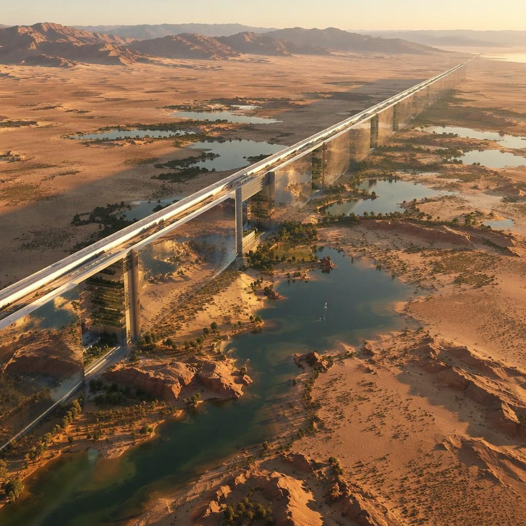 Vista aérea amplia de the line como megastructura lineal espejada con torres arcología sobre arena y oasis al atardecer