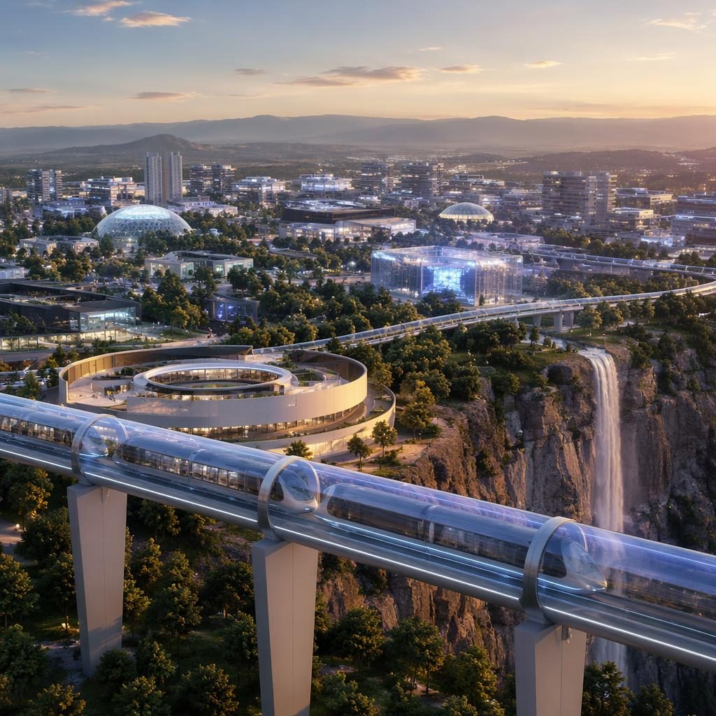 Vue aérienne d’une ville futuriste sur plateau montagneux avec maglev transparent, campus géométriques et lumière dorée
