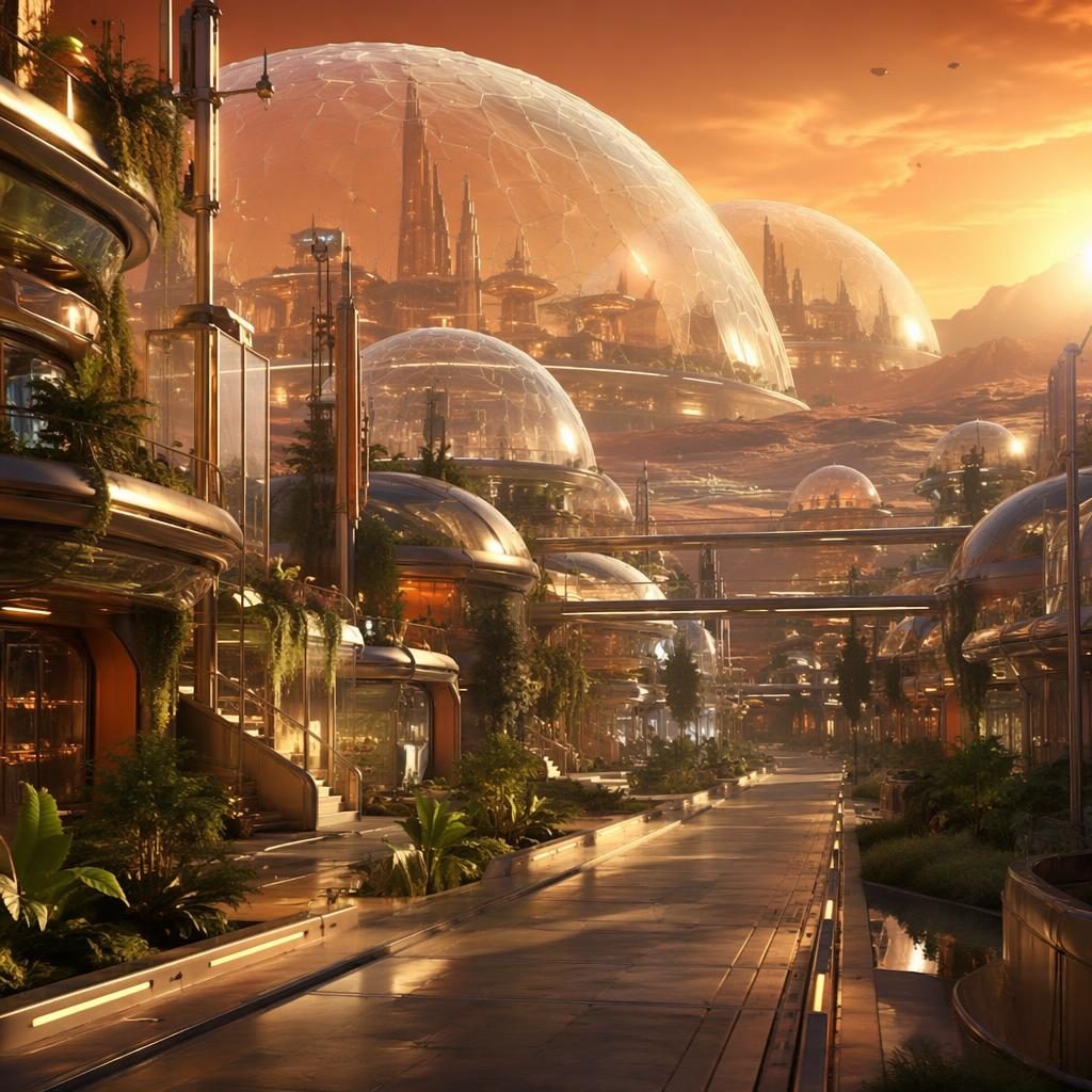 Ground-level view of a utopian solarpunk ghostrunner city on Mars with glass domes, warm golden hour light, and detailed streets