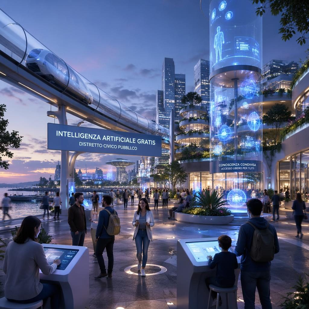 Vista stradale di una città costiera del 2100 al crepuscolo con maglev trasparente, chioschi AI pubblici e hub olografici