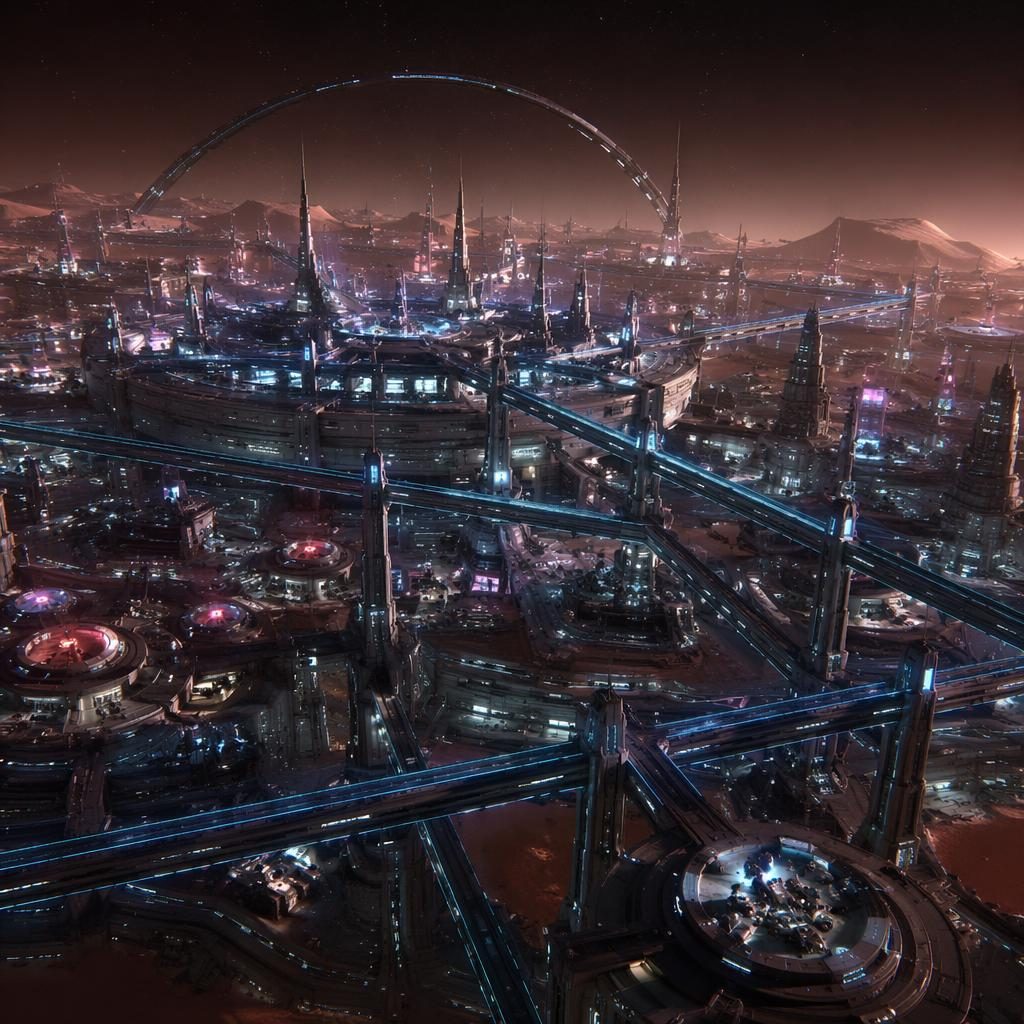 Weite Luftansicht einer Cyberpunk Stadt auf dem Mars mit orbitalem Ring, magnetischen Skybridges und Neonlicht bei Nacht