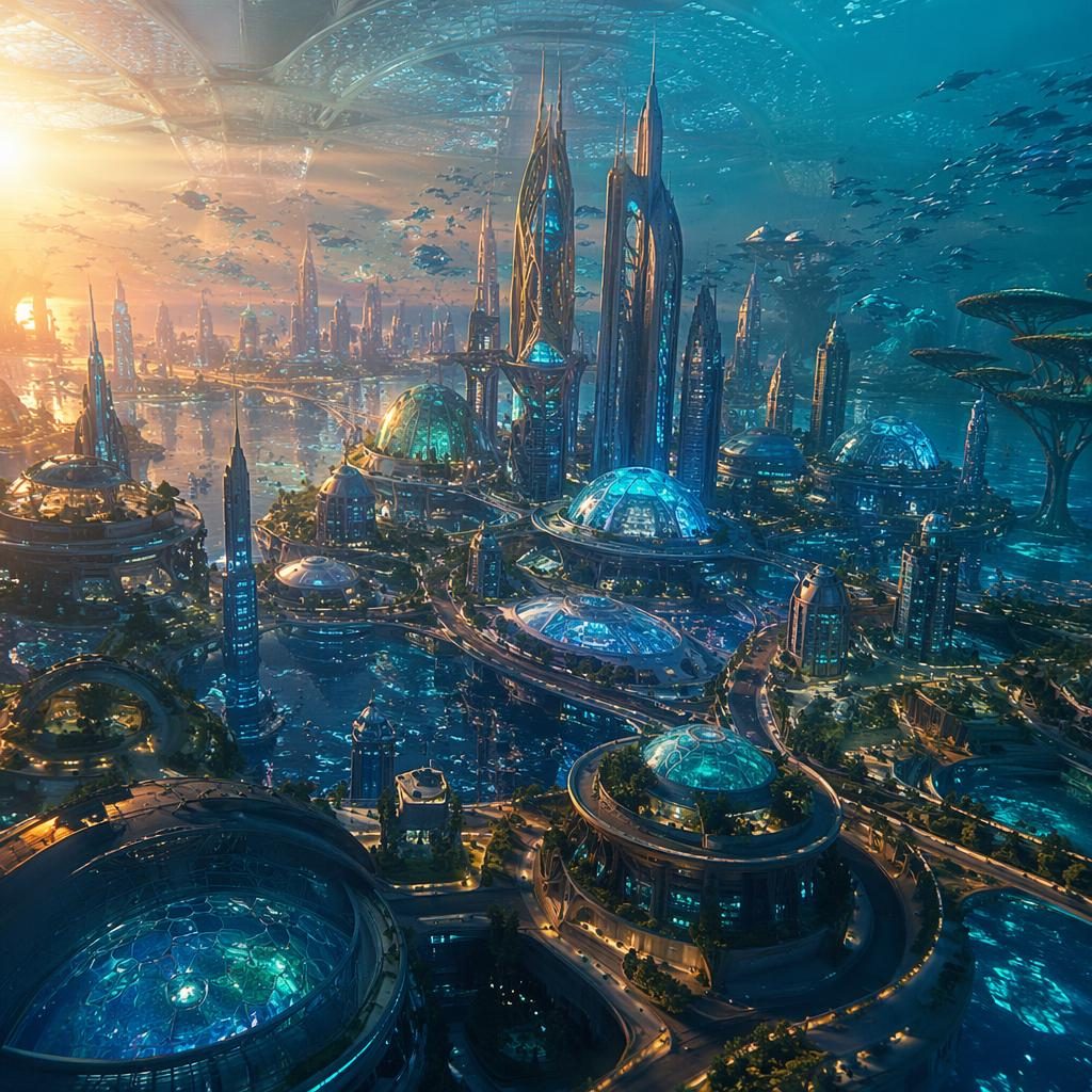 Unterwasser-Metropole in arktischer Kuppel mit biolumineszenter Architektur, Dachsilhouette und goldenem Abendlicht