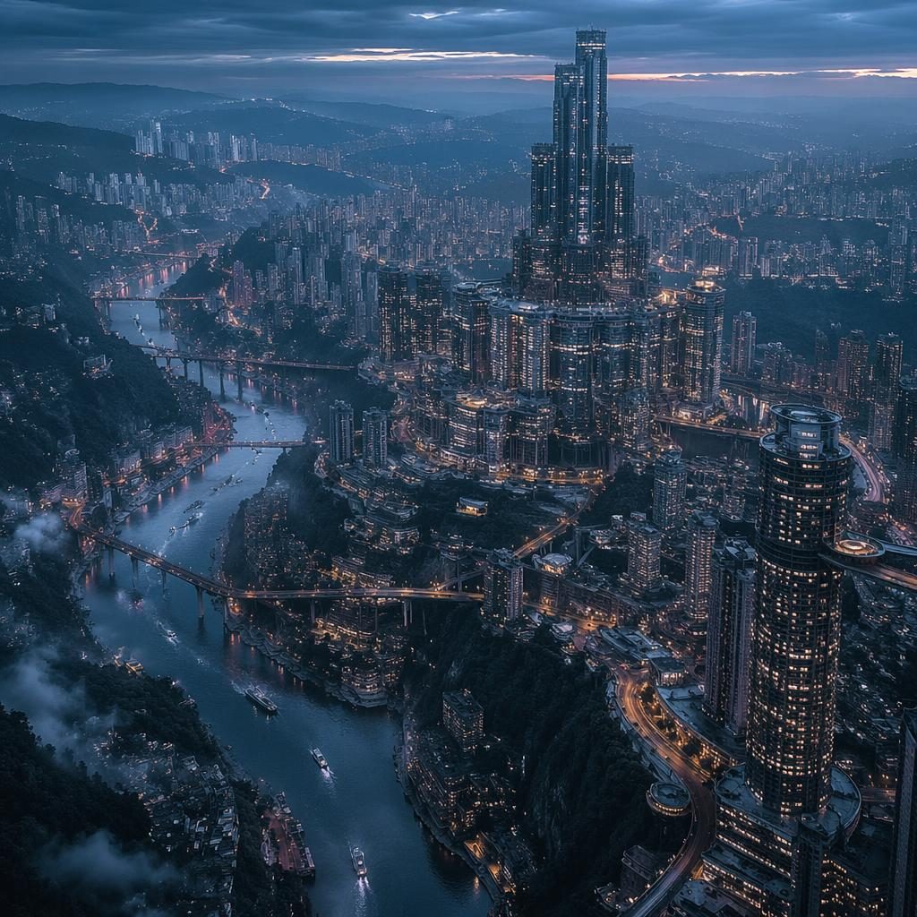 Breite Luftaufnahme von Chongqing 2100 mit Arcology-Türmen über Terrassenvierteln, Flussschluchten und dichten Wohnclustern.