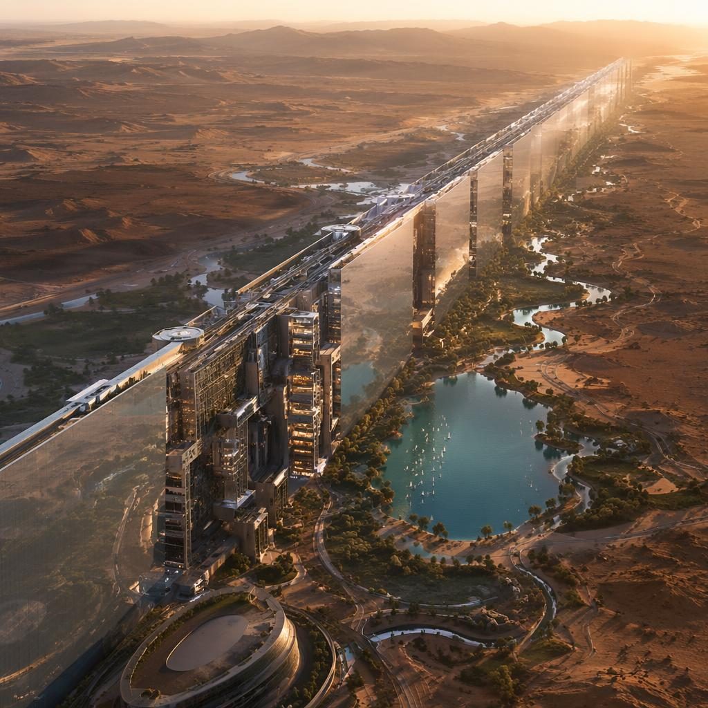 Luchtbeeld van The Wall in Saudi Arabia als lineaire arcologie in de woestijn, met spiegelende torens en oase bij goudlicht.