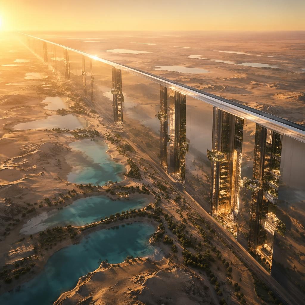 Brede luchtfoto van The Line Saudi als spiegelende arcologie in een woestijnoase bij gouden uur.