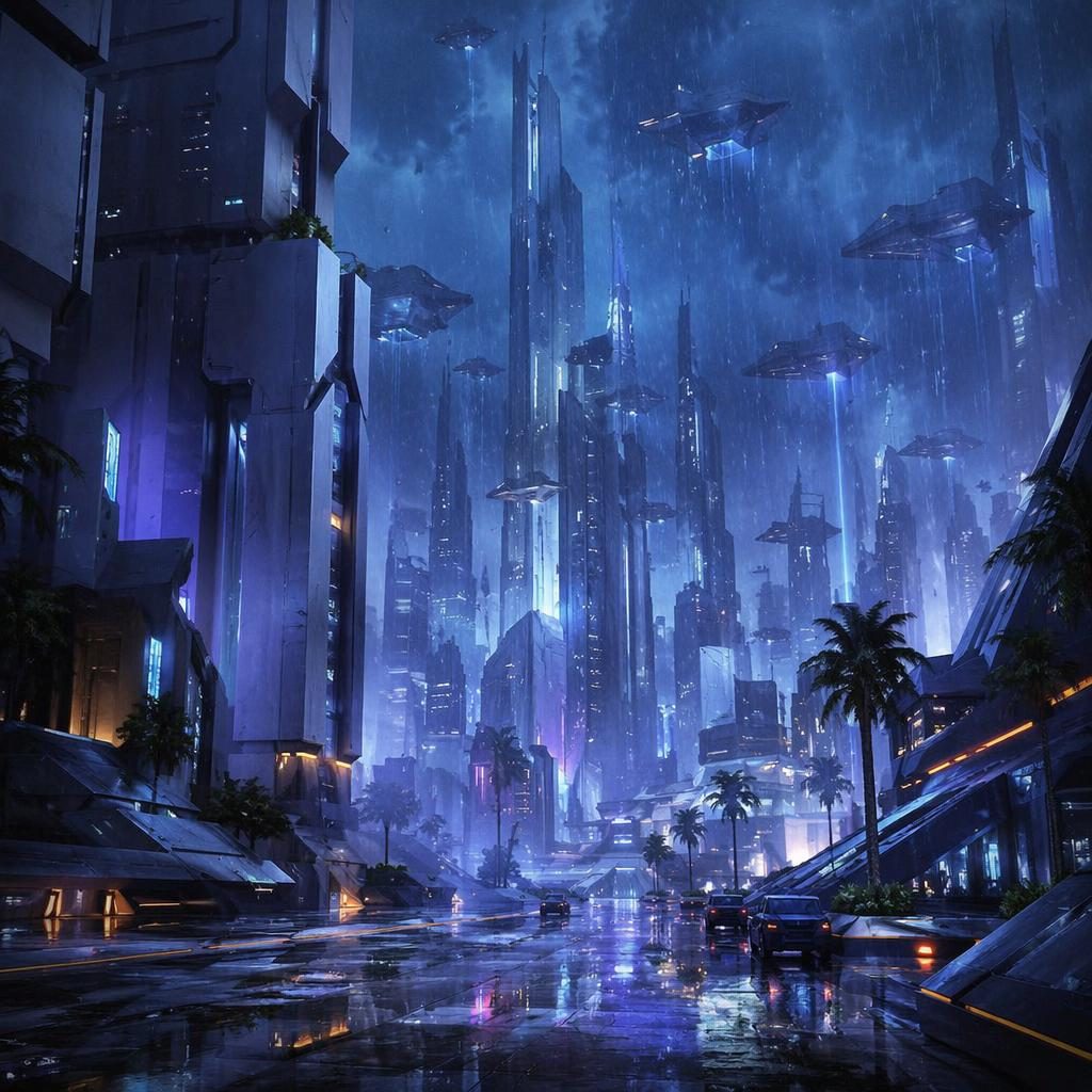 Ground-level view of a futuristic desert oasis city at midnight with neon rain, floating platforms, and glowing streets.