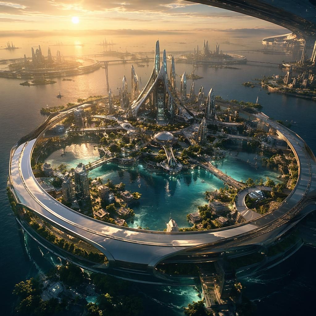 Vue aérienne large d’une ville océanique flottante futuriste à l’aube, avec anneau orbital et passerelles magnétiques