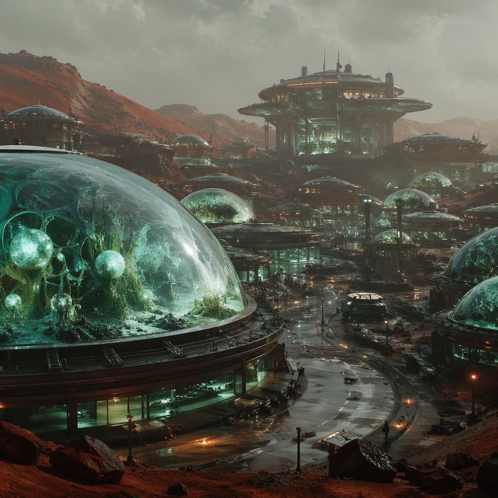 Ground-level view of a neon dystopian Mars city with glass domes, algae-lit streets, and overcast morning atmosphere.