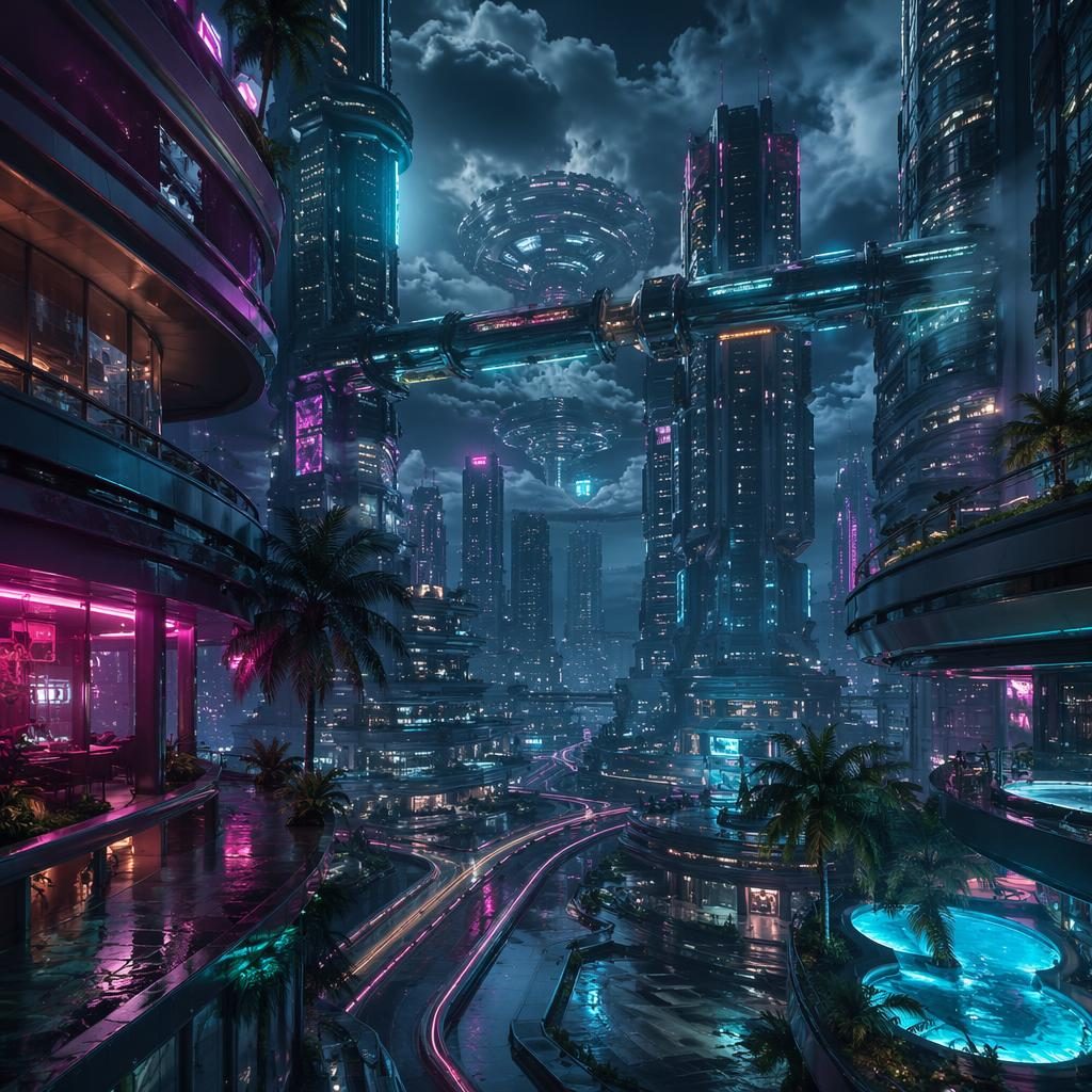 Ground-level view of a cloud city in an orbital ring, with magnetic skybridges, neon-lit streets, and detailed futuristic arcology towers at midnight.