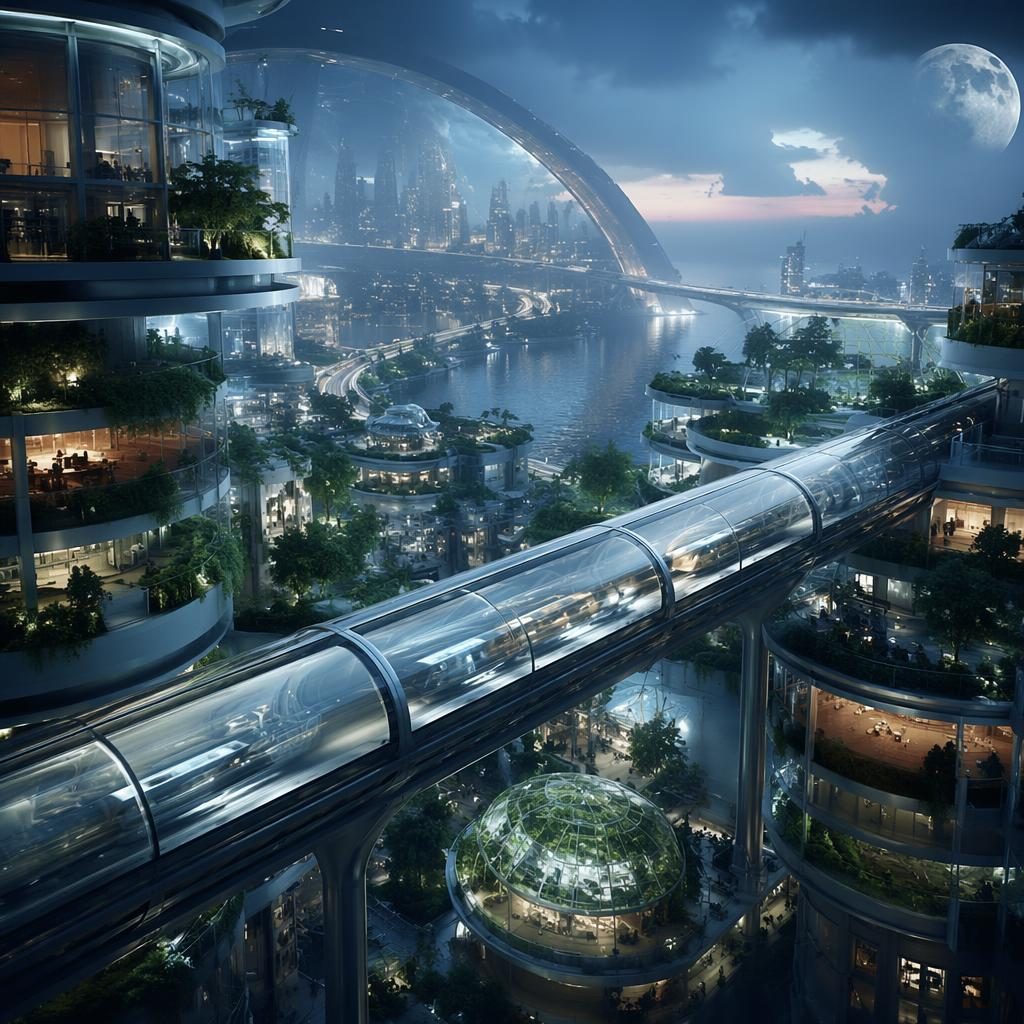Dystopische Mondkolonie 2050 bei blauer Stunde mit transparentem Maglev, Sky-Bridge-Blick und neonbeleuchteter Architektur