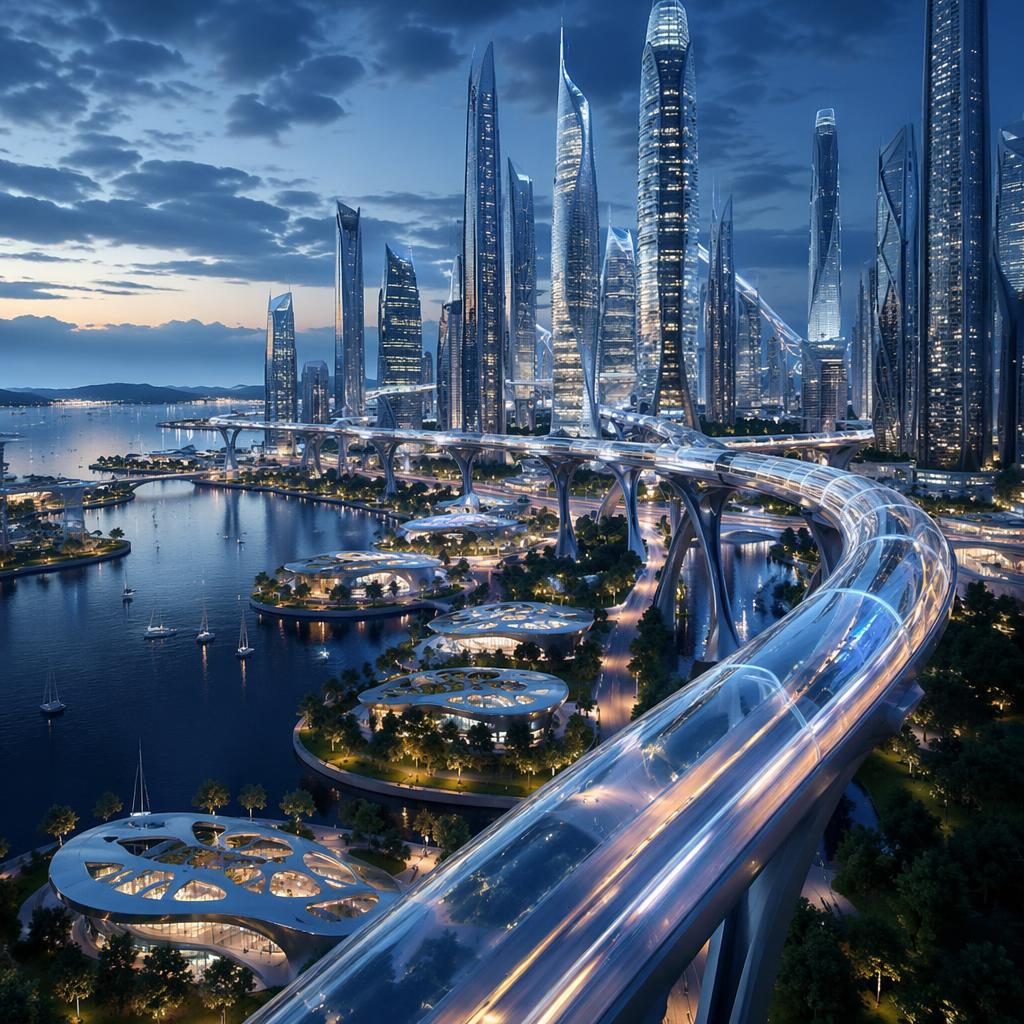 Veduta aerea di città futura costiera con maglev trasparente tra torri eleganti e waterfront luminoso al crepuscolo