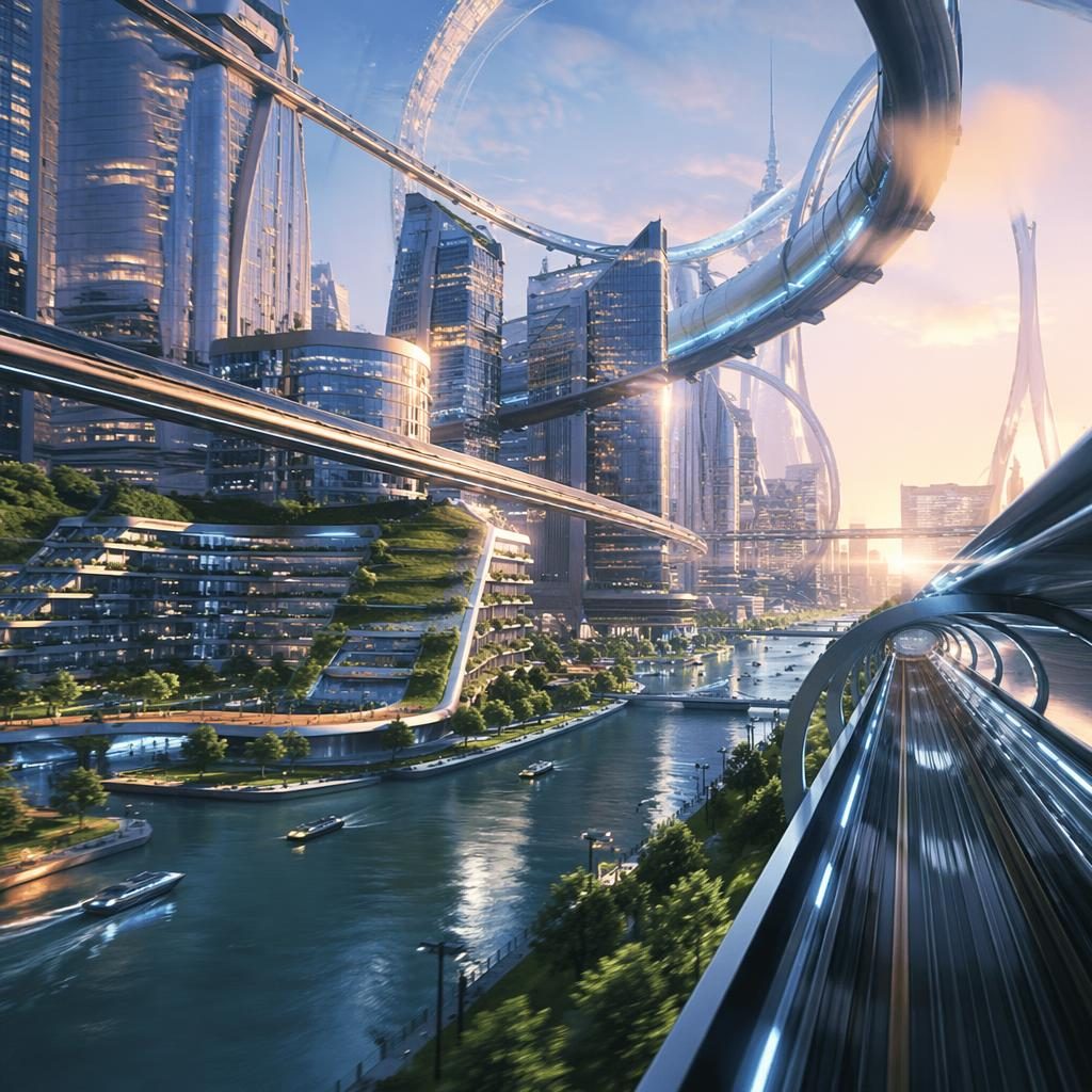 Vista desde un vehículo en movimiento de una ciudad del futuro tipo Neo Tokyo al amanecer, con puentes magnéticos y anillo orbital
