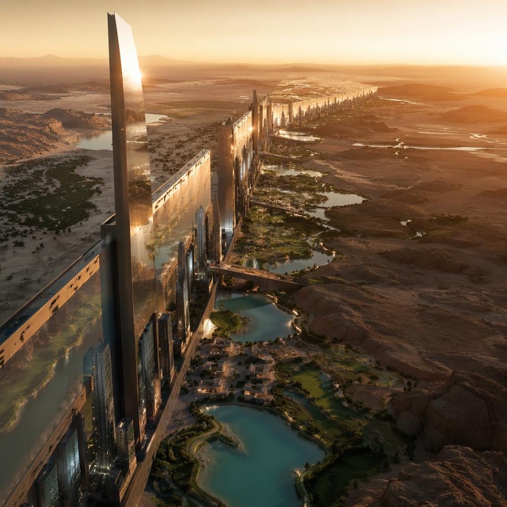 Luchtbeeld bij golden hour van Saudi Arabia The Line als spiegelende lineaire arcologie door een woestijnoase.