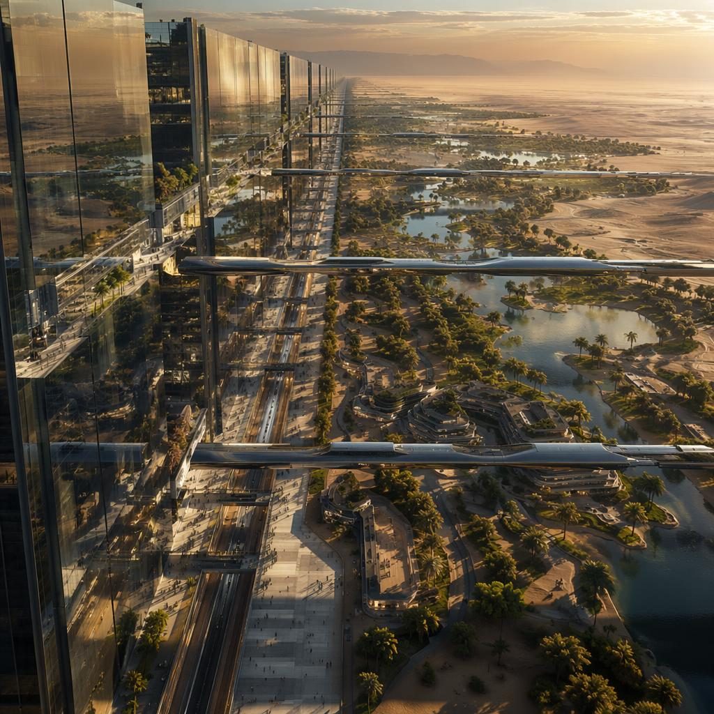 Szeroki widok z lotu ptaka na the line city 2100, lustrzaną megastrukturę na pustyni z magnetycznymi mostami.