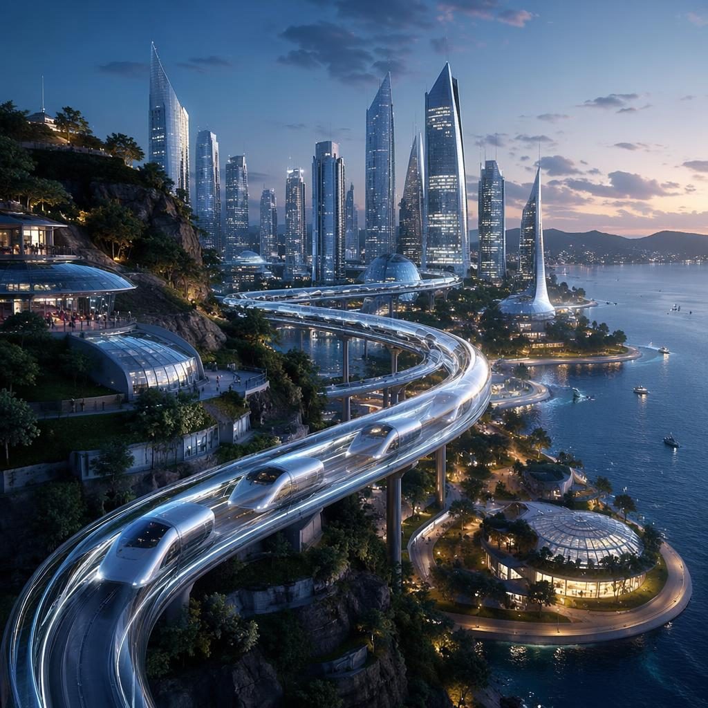 Veduta aerea al crepuscolo di una metropoli costiera del 2100 con maglev trasparente, torri in vetro e reti urbane luminose