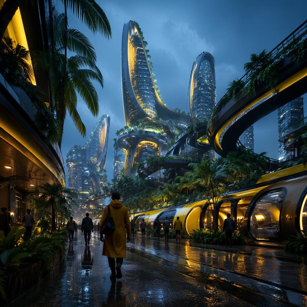 Vista stradale al crepuscolo di una città futuristica cyberpunk con torri curve, giungla tropicale e riflessi su pavimento bagnato