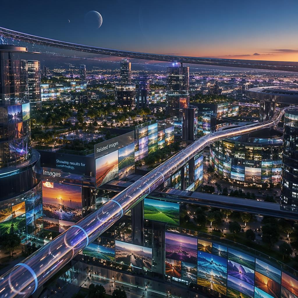 Veduta aerea di metropoli futuristica del 2100 con maglev trasparente, facciate a griglia luminosa e anello orbitale