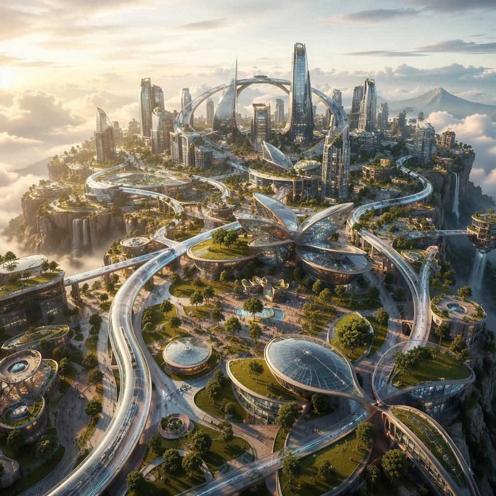Veduta aerea di megacittà futuristica su altopiano montano con linee maglev trasparenti tra quartieri in vetro e pietra