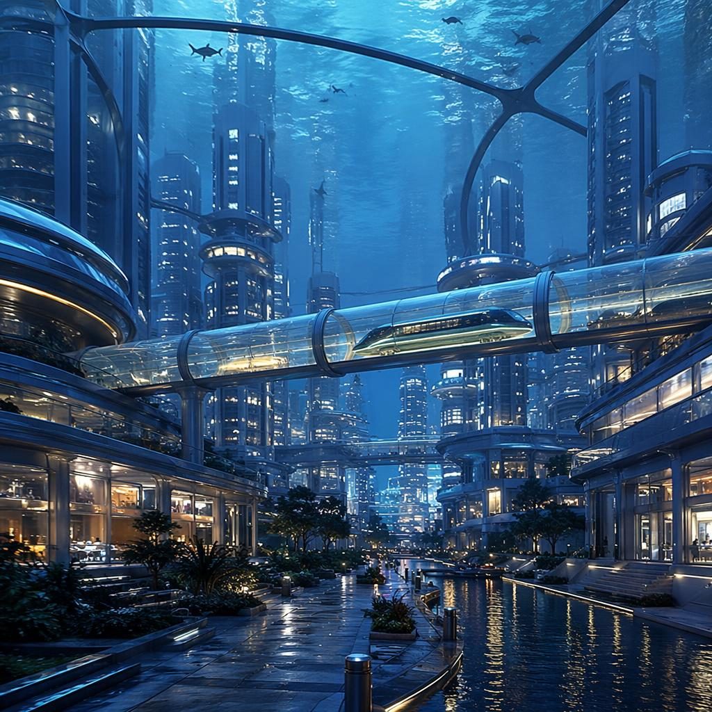 Straßenansicht einer neonblauen Unterwasserstadt 2050 mit transparentem Maglev, Küstenarchitektur und Dämmerung