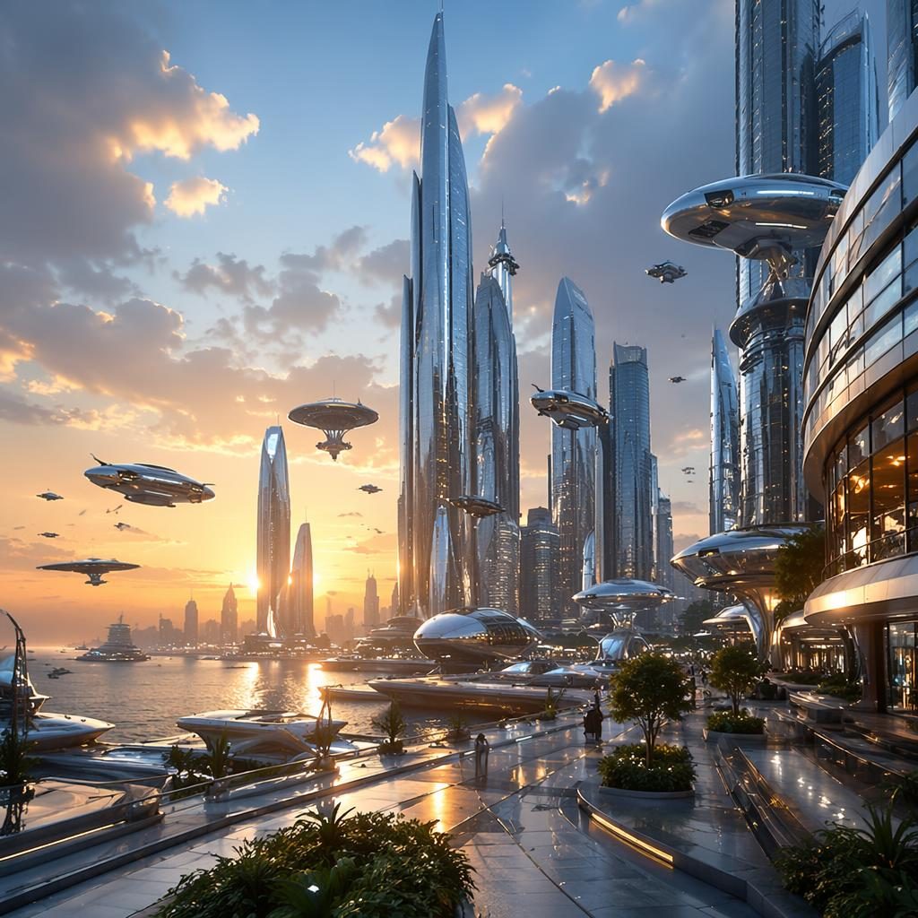 Ground-level view of a floating ocean city at sunset with flying transit, titanium and chrome towers, and cinematic haze