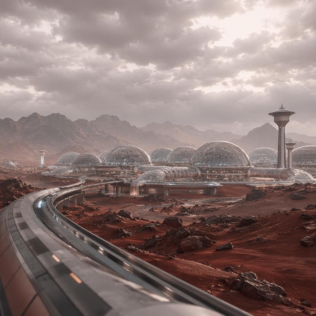 Ville future sur Mars vue depuis un véhicule en mouvement, avec dômes de verre, ciel couvert et architecture réaliste