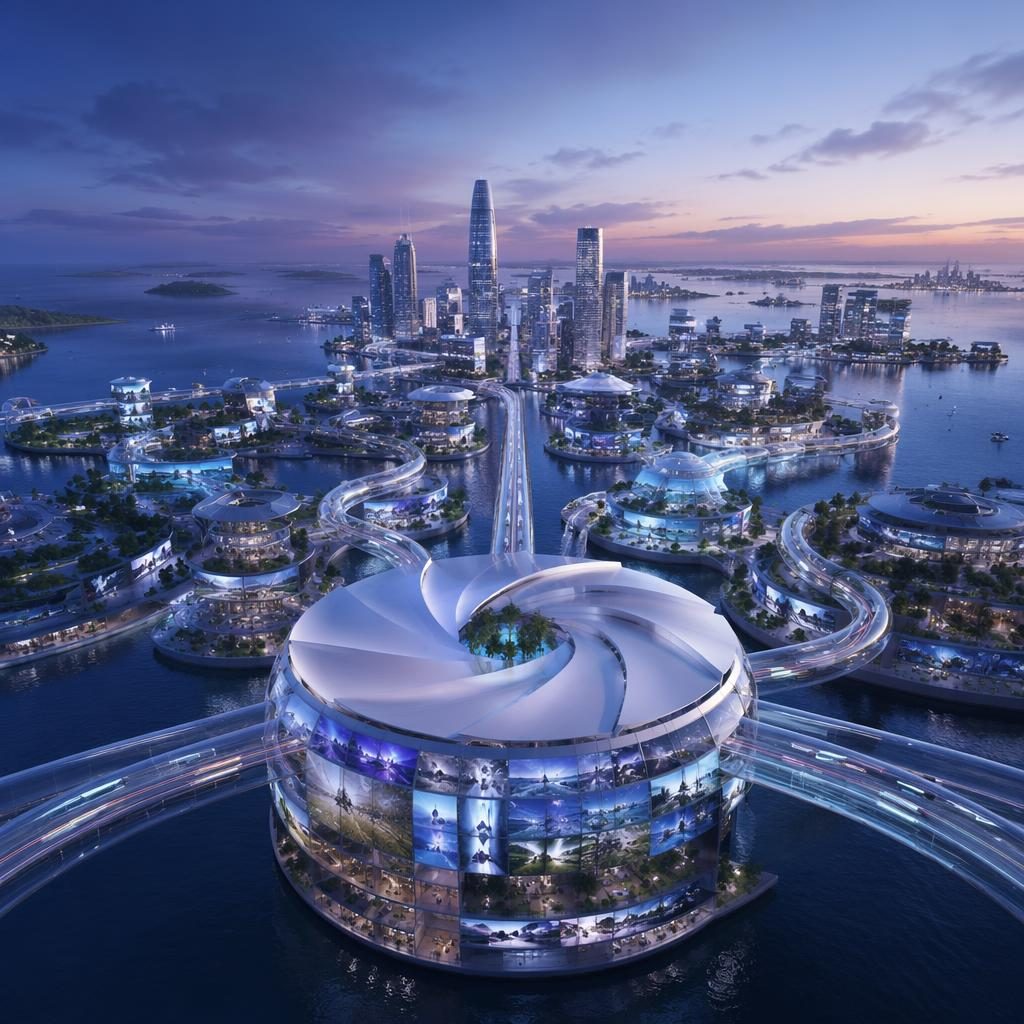 Vue aérienne au crépuscule d’une ville océanique flottante futuriste avec lignes maglev transparentes et façades lumineuses