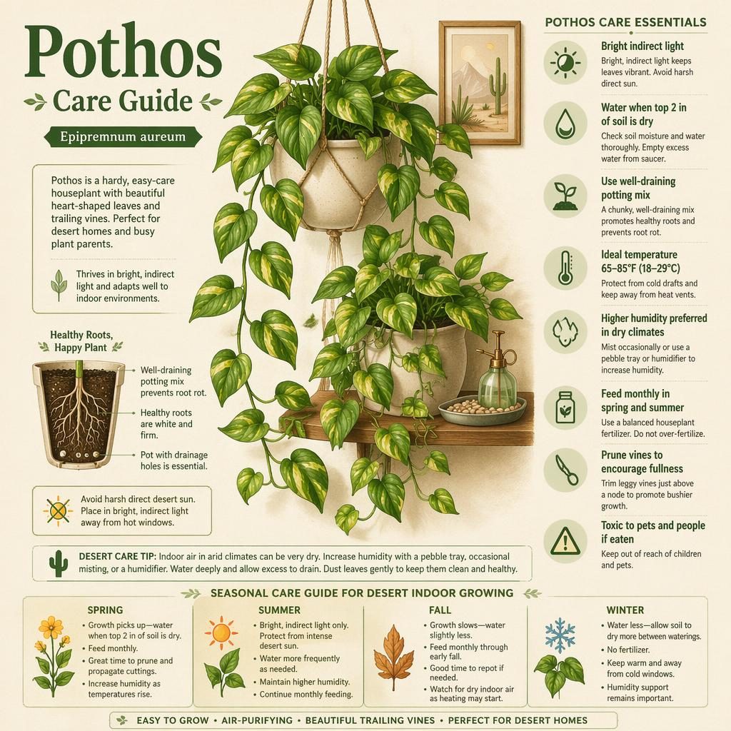 Infographie botanique du pothos avec pot suspendu, lianes retombantes, icônes d’entretien et repères en anglais.